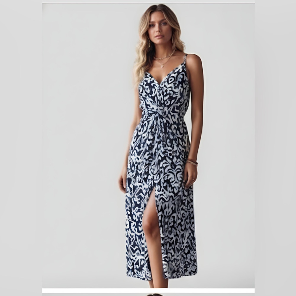 Printed Twisted Design Split Thigh Cami Dress Blue
